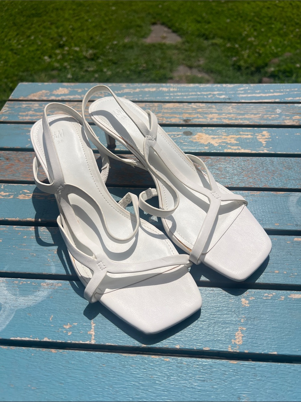 H&M White Strappy Square-Toe Slingback Heels